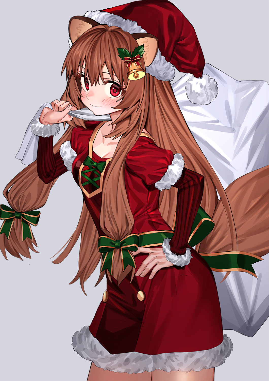 1girl animal_ears bangs bell blush brown_hair christmas closed_mouth commentary_request dress grey_background hand_on_hip hat highres holding holding_sack long_hair long_sleeves looking_at_viewer luicent puffy_short_sleeves puffy_sleeves raccoon_ears raccoon_girl raccoon_tail raphtalia red_dress red_eyes sack santa_costume santa_hat short_over_long_sleeves short_sleeves simple_background smile solo tail tate_no_yuusha_no_nariagari very_long_hair