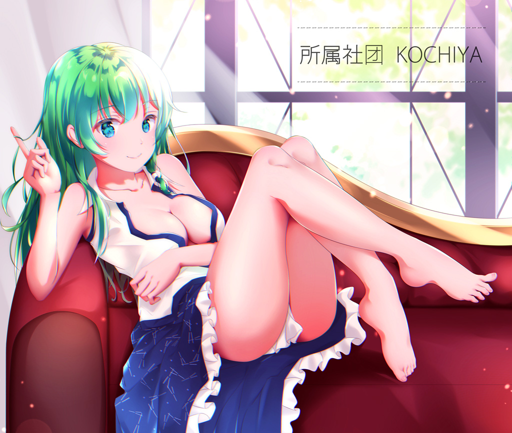 1girl ass baiyou bangs bare_arms bare_legs bare_shoulders barefoot blue_eyes blue_skirt blush breasts collarbone commentary_request couch crossed_legs eyebrows_visible_through_hair frills full_body green_hair hand_up index_finger_raised indoors knees_up kochiya_sanae long_hair looking_at_viewer medium_breasts reclining shirt sitting skirt sleeveless sleeveless_shirt smile solo thighs touhou translation_request white_shirt