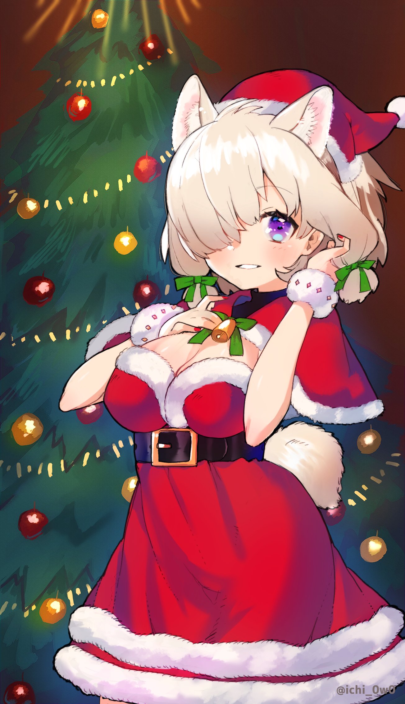 1girl alpaca_ears alpaca_girl alpaca_suri_(kemono_friends) alternate_costume animal_ears belt belt_buckle black_belt blue_eyes bow bowtie buckle capelet christmas_tree commentary_request extra_ears eyebrows_visible_through_hair fur_cuffs fur_trim green_bow green_neckwear hair_over_one_eye hair_tie hat highres ichi001 kemono_friends neck_bell red_capelet red_skirt santa_costume santa_hat short_hair skirt sleeveless solo twitter_username white_hair