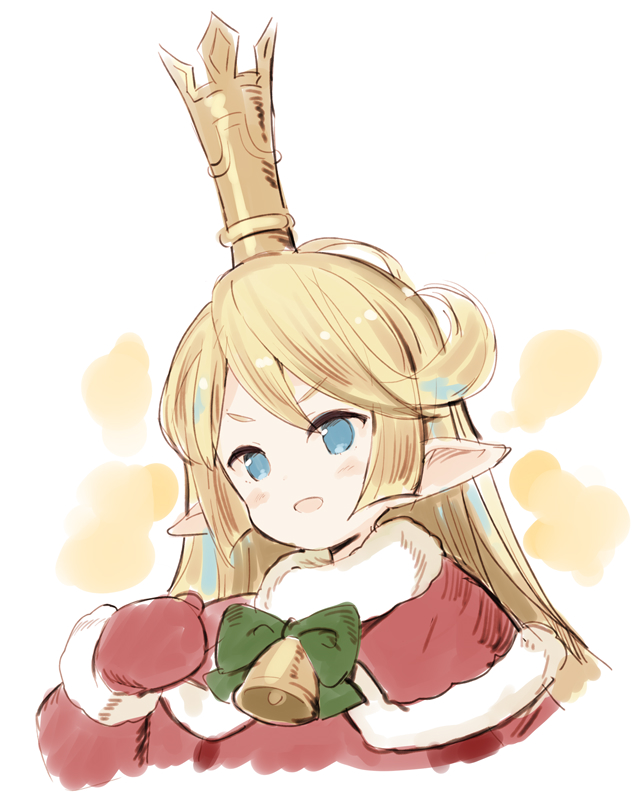 1girl :d bangs bell blonde_hair blue_eyes blush bow capelet charlotta_fenia cropped_torso crown dress eyebrows_visible_through_hair fur-trimmed_capelet fur-trimmed_mittens fur_trim granblue_fantasy green_bow hand_up harvin long_hair long_sleeves looking_away meito_(maze) mini_crown mittens open_mouth pointy_ears red_capelet red_dress red_mittens smile solo upper_body v-shaped_eyebrows white_background