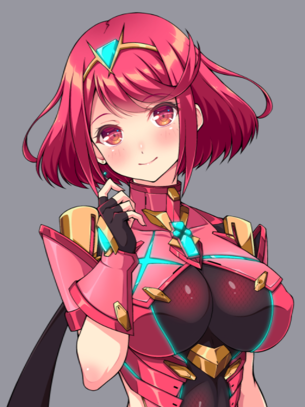 1girl black_gloves blush breasts closed_mouth eyebrows_visible_through_hair f_1chan fingerless_gloves gloves grey_background pyra_(xenoblade) large_breasts looking_at_viewer red_eyes redhead short_hair simple_background smile solo upper_body xenoblade_(series) xenoblade_2