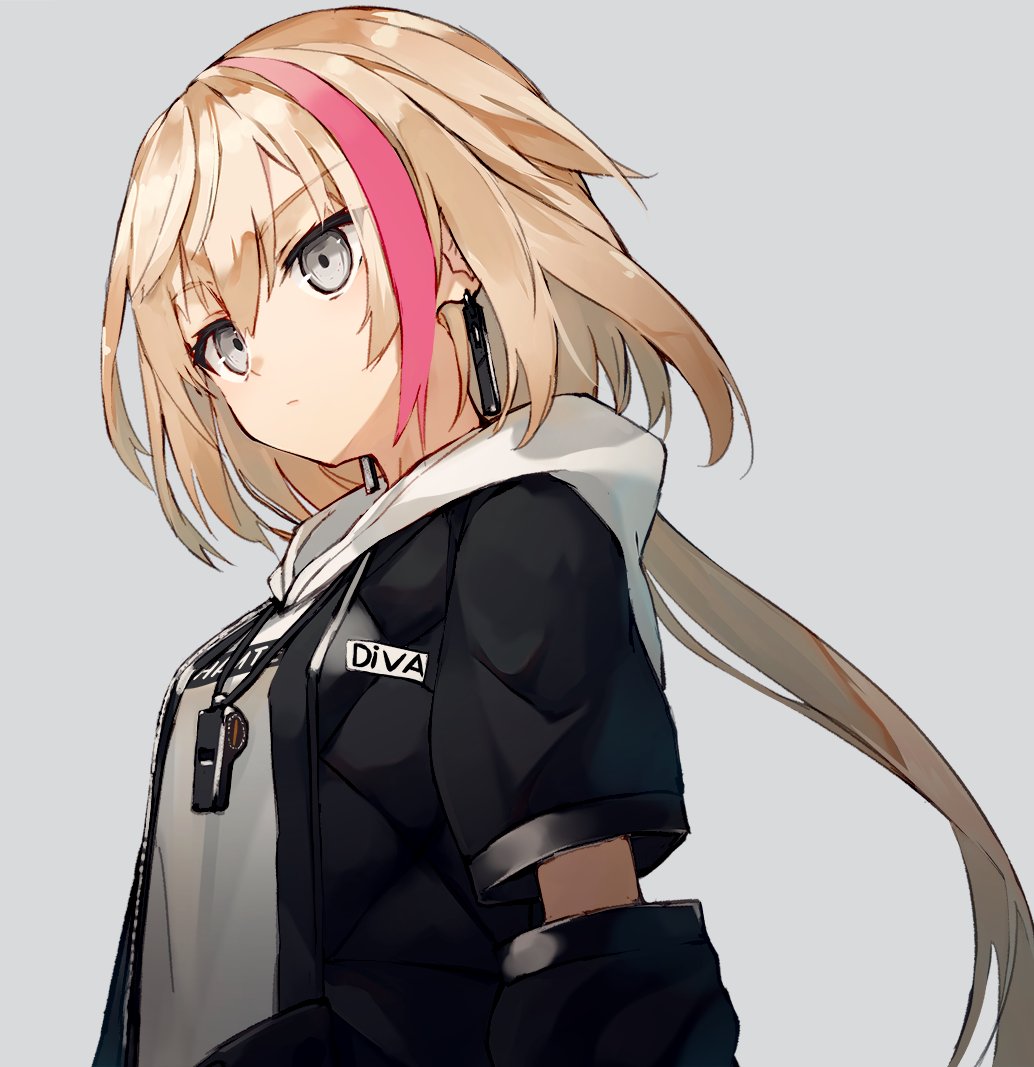 blonde_girl_(itou) earrings eyebrows_visible_through_hair grey_eyes hair_between_eyes hood hoodie jewelry looking_afar nagishiro_mito pink_hair project_a.i.d short_hair tagme whistle whistle_around_neck