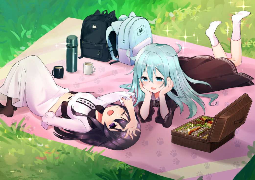 2girls :d akatsuki_(kantai_collection) alternate_costume bag black_dress black_legwear blue_eyes blush buttons cup dress eyebrows_visible_through_hair food hair_between_eyes hibiki_(kantai_collection) kantai_collection long_hair multiple_girls one_eye_closed open_mouth purple_hair sandwich silver_hair smile socks tsuchihara_ai violet_eyes white_dress white_legwear