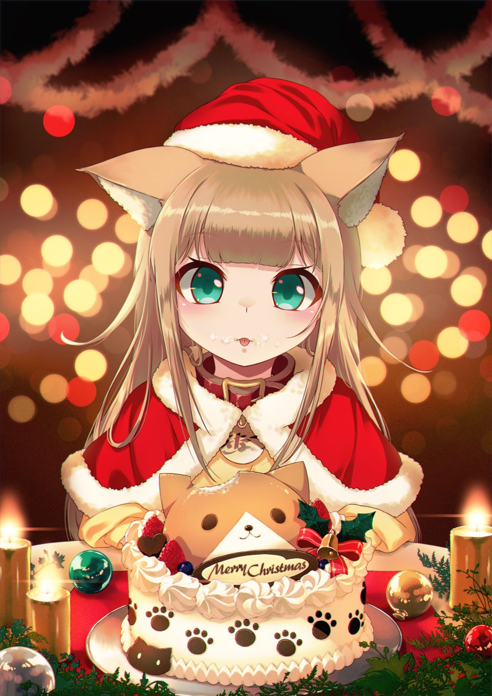 1girl 40hara :p animal_ear_fluff animal_ears aqua_eyes bangs blonde_hair blunt_bangs blurry blush bokeh cake candle capelet cat_ears cat_girl christmas christmas_ornaments collar cream depth_of_field eyebrows_visible_through_hair food food_on_face hat highres kinako kinako_(40hara) long_hair looking_at_viewer original pet_collar red_capelet red_collar santa_costume santa_hat sitting solo tongue tongue_out