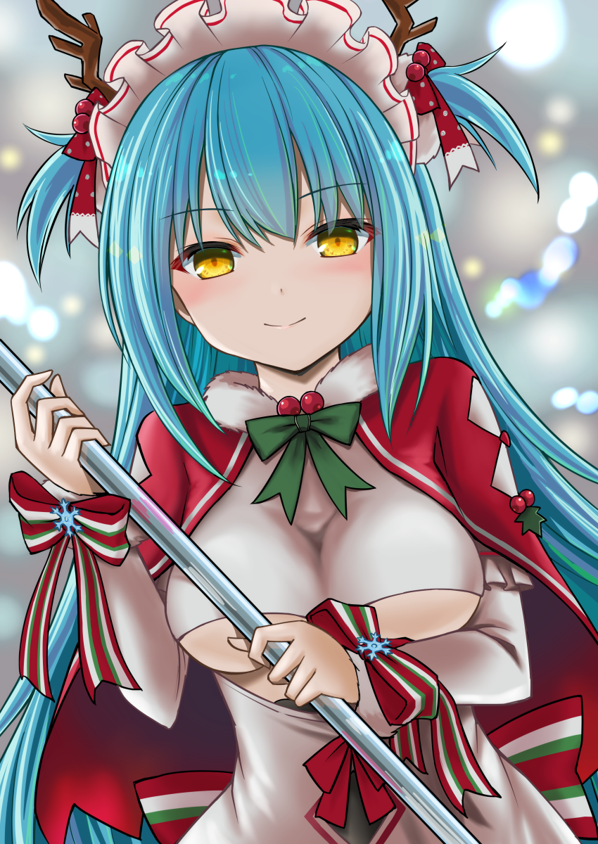 1girl alternate_costume azur_lane blue_hair blurry blurry_background blush breasts capelet christmas closed_mouth dot_nose dress ena_tokisaka_(inadumakawaii) eyebrows_visible_through_hair fake_antlers fur-trimmed_capelet fur_trim green_ribbon hair_ribbon hands_up highres holding long_hair long_sleeves looking_at_viewer maid_headdress multicolored multicolored_ribbon neck_ribbon neptune_(azur_lane) neptune_(princess_of_the_reindeers)_(azur_lane) red_capelet red_ribbon ribbon smile solo striped striped_ribbon two_side_up under_boob underboob_cutout upper_body white_dress white_ribbon yellow_eyes