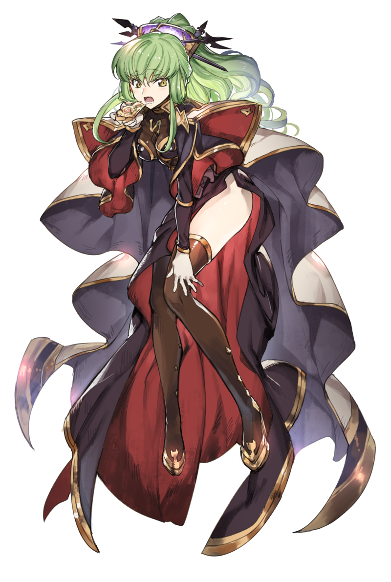 1girl alternate_costume bangs black_legwear breasts c.c. code_geass cosplay creayus eating eyebrows_visible_through_hair food full_body granblue_fantasy green_hair hand_on_own_knee long_hair medium_breasts nio_(granblue_fantasy) nio_(granblue_fantasy)_(cosplay) open_mouth pizza seiyuu_connection simple_background slice_of_pizza solo thigh-highs thighs white_background yellow_eyes yukana