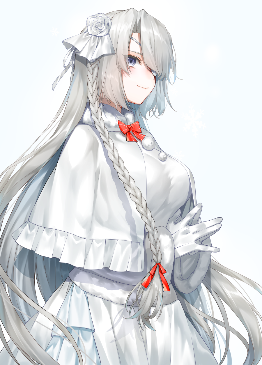 bangs blue_eyes blush bow braid breasts coat commentary_request eyebrows_visible_through_hair eyepatch eyes_visible_through_hair flower fur-trimmed_sleeves fur_collar fur_trim gloves hair_flower hair_ornament hair_over_one_eye hands_together highres large_breasts long_hair long_sleeves looking_at_viewer one-eyed original pleated_skirt pom_pom_(clothes) red_bow ribbon rose sidelocks silver_hair skirt smile snowflakes striped striped_bow tied_hair very_long_hair waka_(shark_waka) white_flower white_gloves white_ribbon white_rose winter_clothes