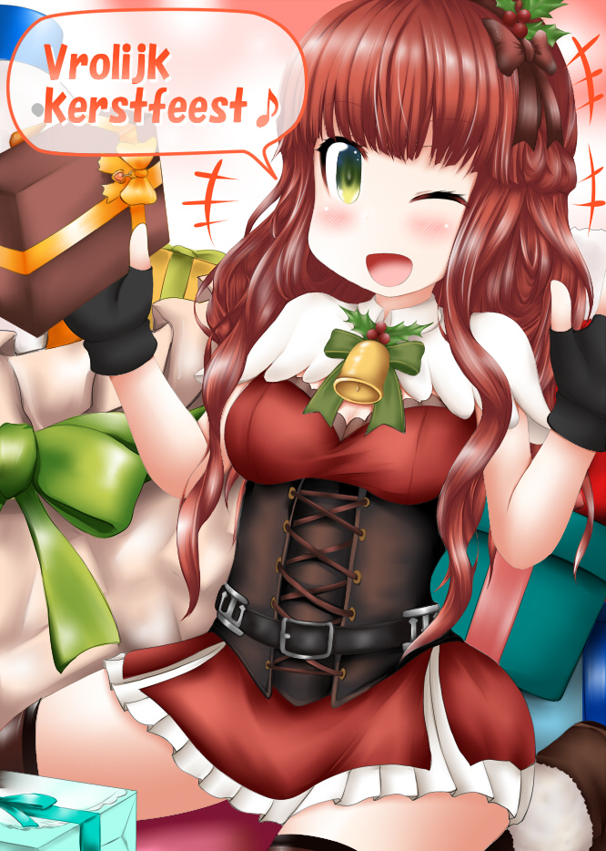 1girl black_gloves box de_ruyter_(kantai_collection) dress dutch_text fingerless_gloves gift gift_box gloves green_eyes hair_ornament holly_hair_ornament kantai_collection long_hair musical_note one_eye_closed ouno_(nounai_disintegration) red_dress redhead santa_costume short_dress sleeveless sleeveless_dress solo speech_bubble spoken_musical_note