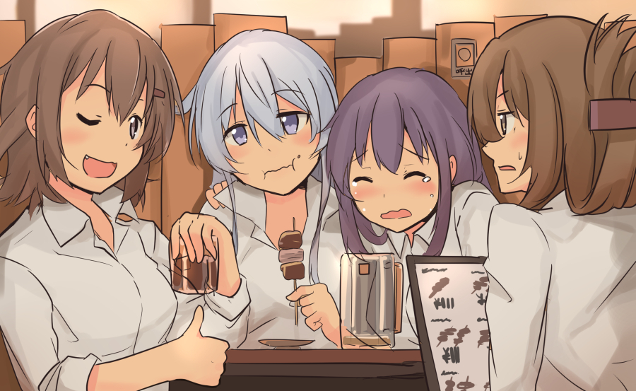 4girls akatsuki_(kantai_collection) blue_eyes brown_eyes brown_hair folded_ponytail hair_between_eyes hibiki_(kantai_collection) ido_(teketeke) ikazuchi_(kantai_collection) inazuma_(kantai_collection) kantai_collection long_hair multiple_girls purple_hair short_hair silver_hair