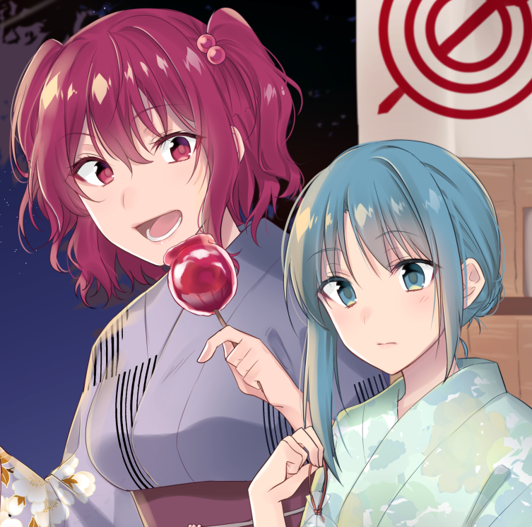 2girls :d alternate_costume asa_(coco) bangs breasts candy_apple commentary_request eyebrows_visible_through_hair floral_print food green_eyes green_hair green_kimono grey_kimono hair_between_eyes hair_bobbles hair_ornament hand_up holding holding_food japanese_clothes kimono long_hair looking_at_viewer medium_breasts multiple_girls no_hat no_headwear obi onozuka_komachi open_mouth purple_sash red_eyes redhead sash shiki_eiki short_hair smile touhou two_side_up upper_body