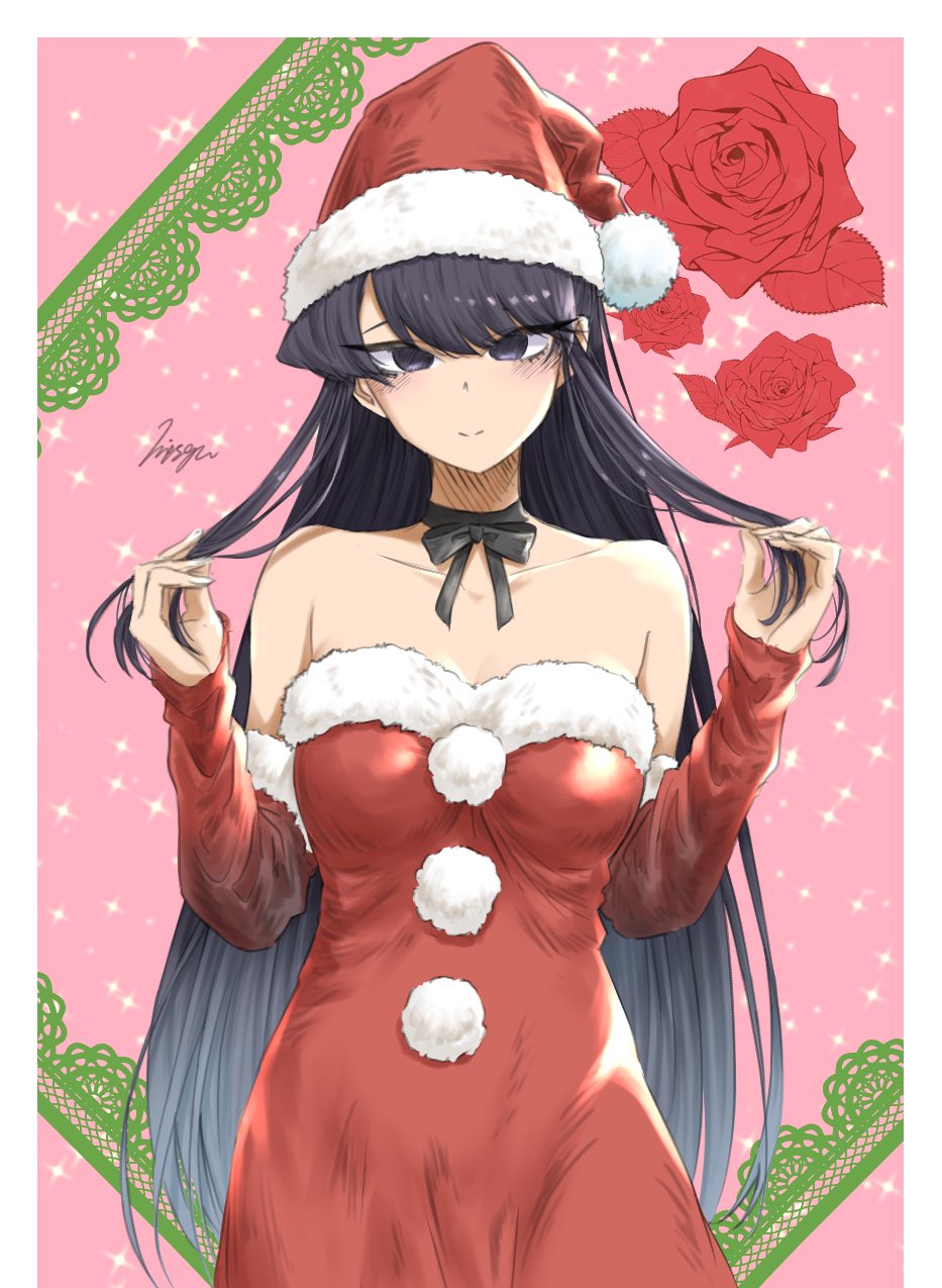 1girl alternate_costume bare_shoulders black_eyes black_hair border cowboy_shot detached_sleeves flower hat highres holding holding_hair komi-san_wa_komyushou_desu komi_shouko mitsugu neck_ribbon outside_border red_flower red_rose ribbon rose santa_costume santa_hat smile solo white_border