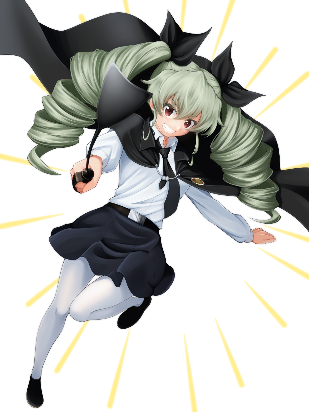 1girl anchovy anzio_(emblem) anzio_school_uniform bangs belt black_belt black_cape black_footwear black_neckwear black_ribbon black_skirt cape commentary_request dress_shirt drill_hair dutch_angle emblem foreshortening girls_und_panzer green_hair grin hair_ribbon highres holding leg_up light_rays loafers long_hair long_sleeves looking_at_viewer miniskirt necktie pantyhose partial_commentary pleated_skirt red_eyes ribbon riding_crop ruka_(piyopiyopu) school_uniform shirt shoes skirt smile solo standing standing_on_one_leg twin_drills twintails white_background white_legwear white_shirt