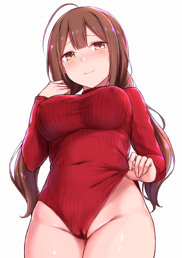 1girl ahoge blush brown_eyes cai_geng closed_mouth covered_navel eyebrows_visible_through_hair idolmaster idolmaster_shiny_colors kuwayama_chiyuki leotard long_hair long_sleeves low_twintails red_leotard simple_background smile solo sweater turtleneck_leotard turtleneck_sweater twintails white_background