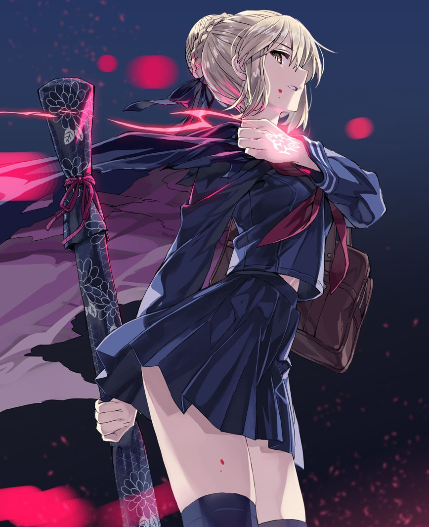 1girl artoria_pendragon_(all) bag black_ribbon blonde_hair bookbag braid character_request command_spell fate/grand_order fate_(series) french_braid hair_ribbon leather_bag looking_at_viewer master_artoria ribbon school_uniform serafuku solo thigh-highs thighs type-moon yahako yellow_eyes zettai_ryouiki