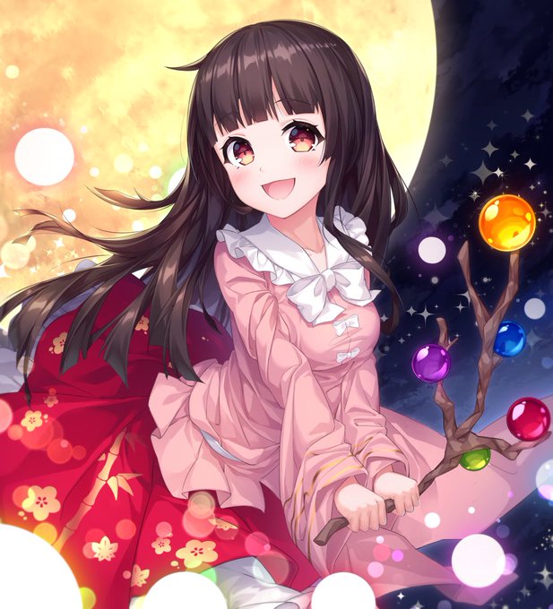 1girl :d bangs black_hair blush bow bowtie branch breasts brown_eyes commentary_request danmaku eyebrows_visible_through_hair floral_print frilled_shirt_collar frills full_moon holding holding_branch houraisan_kaguya jeweled_branch_of_hourai kyouou_ena long_hair long_skirt long_sleeves looking_at_viewer medium_breasts moon night night_sky open_mouth outdoors petticoat pink_shirt red_skirt shirt skirt sky smile solo touhou white_bow white_neckwear wide_sleeves