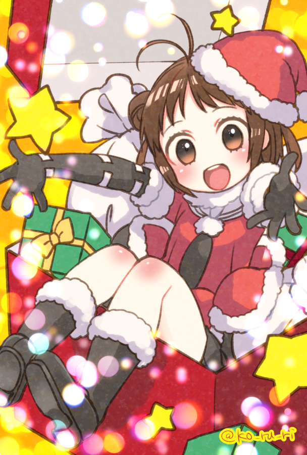 1girl :d ahoge black_footwear black_gloves boots box brown_eyes brown_hair christmas double_bun elbow_gloves fur_trim gift gift_box gloves hat kantai_collection koruri naka_(kantai_collection) open_mouth pom_pom_(clothes) sack sailor_collar santa_costume santa_hat short_hair short_sleeves smile solo star twitter_username white_sailor_collar