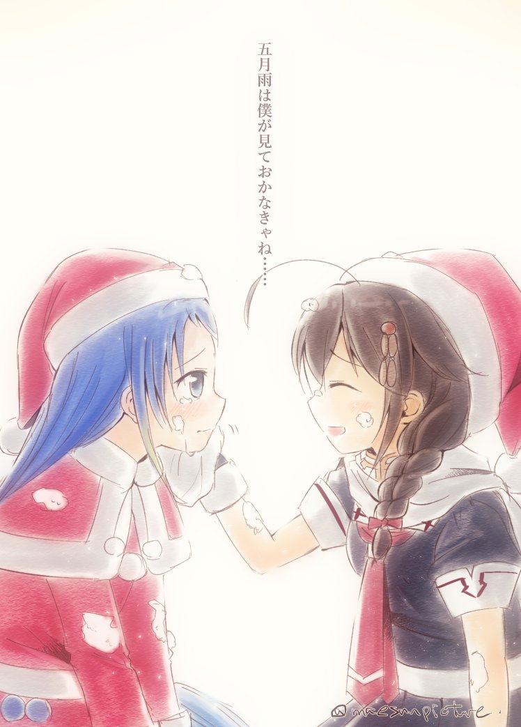 2girls ahoge artist_name bangs black_serafuku blue_eyes blue_hair blush braid brown_hair capelet closed_eyes commentary_request cream cream_on_face food food_on_face fur_trim hair_ornament hand_on_another's_cheek hand_on_another's_face hat jacket kantai_collection long_hair looking_at_another mae_(maesanpicture) multiple_girls neckerchief red_capelet red_jacket red_neckwear samidare_(kantai_collection) santa_costume santa_hat school_uniform serafuku shigure_(kantai_collection) short_hair short_sleeves simple_background single_braid smile swept_bangs translation_request very_long_hair white_background