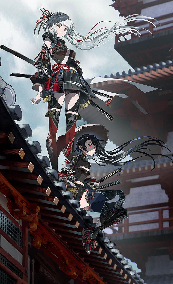 2girls architecture black_hair breasts castle clouds cloudy_sky detached_sleeves east_asian_architecture hair_ornament hat japanese_clothes katana leg_armor long_hair looking_at_viewer miniskirt multiple_girls original outdoors red_eyes scabbard scenery sheath sheathed shoulder_armor silver_hair sitting skirt sky standing swav sword weapon yellow_eyes