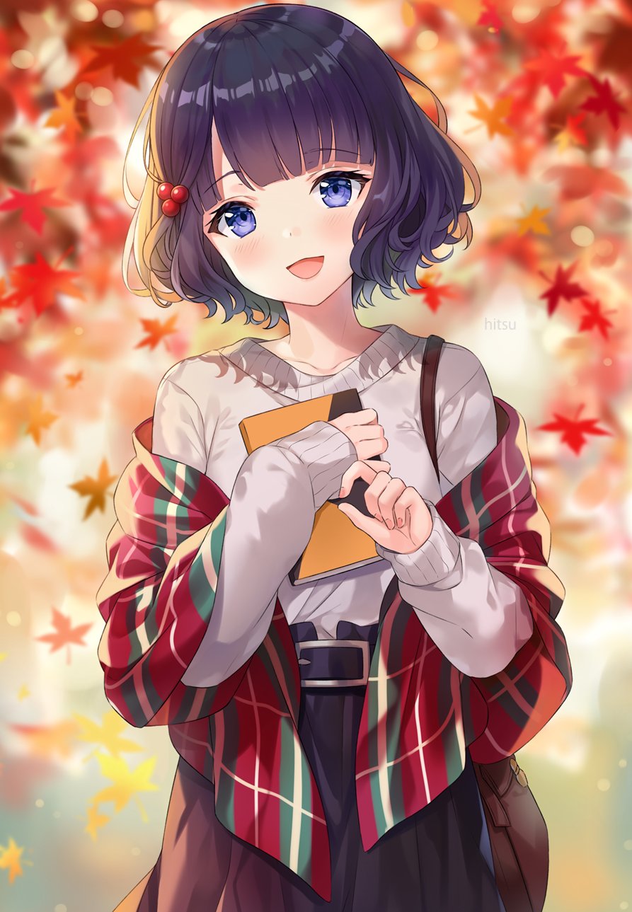 1girl :d artist_name autumn_leaves bag black_skirt blue_eyes blurry blurry_background blush collarbone commentary depth_of_field fate/grand_order fate_(series) grey_shirt hair_bobbles hair_ornament hands_up head_tilt highres hitsukuya katsushika_hokusai_(fate/grand_order) leaf long_sleeves looking_at_viewer maple_leaf open_mouth plaid purple_hair shawl shirt short_hair shoulder_bag signature skirt sleeves_past_wrists smile solo symbol_commentary