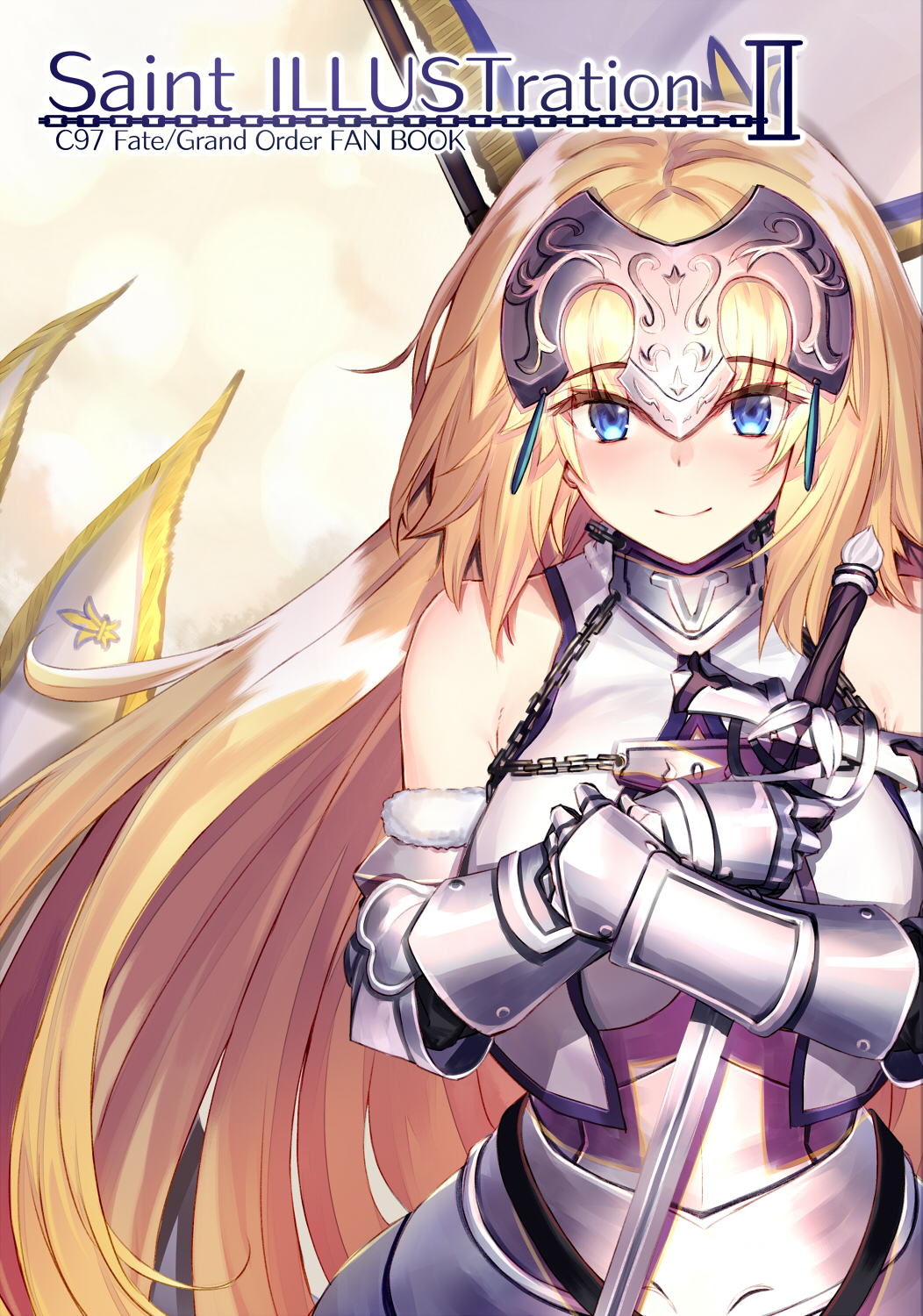 1girl armor armored_dress bangs banner bare_shoulders blonde_hair blue_eyes blush breasts chain closed_mouth commentary_request copyright_name cover cover_page eyebrows_visible_through_hair fate/grand_order fate_(series) gauntlets hands_on_own_chest headpiece highres holding holding_sword holding_weapon jeanne_d'arc_(fate) jeanne_d'arc_(fate)_(all) large_breasts long_hair looking_at_viewer ninoude_(ninoude44) smile solo straight_hair sword upper_body very_long_hair weapon