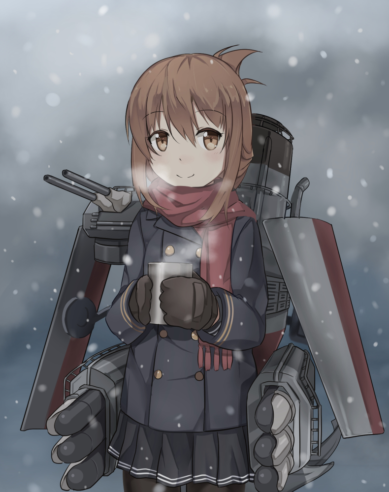 1girl anchor bangs black_gloves black_legwear black_skirt blue_coat blush brown_eyes brown_hair cannon clouds cloudy_sky coat commentary_request cup folded_ponytail gloves holding holding_cup ido_(teketeke) inazuma_(kantai_collection) kantai_collection looking_at_viewer machinery mittens outdoors pantyhose red_scarf revision scarf school_uniform serafuku short_hair simple_background skirt sky smile snowing solo thigh-highs torpedo torpedo_tubes white_background winter winter_clothes winter_uniform