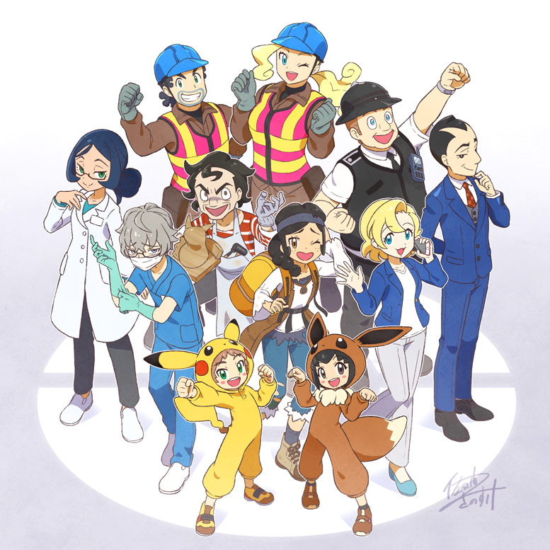 5girls 6+boys artist_(pokemon) backpack backpacker_(pokemon) bag bangs black_hair black_vest blonde_hair blue_eyes blue_gloves blue_jacket blue_pants blue_shirt blush_stickers bodysuit braid brown_eyes brown_footwear brown_hair brown_jumpsuit business_suit cellphone chonmage clenched_hand commentary cosplay doctor_(pokemon) eevee eevee_(cosplay) flower formal from_above full_body gen_1_pokemon glasses gloves gradient gradient_background green_eyes grey_gloves grey_hair hair_bun hand_up headband helmet holding holding_phone hood jacket labcoat long_sleeves looking_at_viewer multiple_boys multiple_girls necktie office_lady office_worker_(pokemon) official_art one_eye_closed open_mouth overalls pants phone pikachu pikachu_(cosplay) poke_ball_symbol poke_kid_(pokemon) pokemon pokemon_(game) pokemon_swsh police_officer_(pokemon) red_neckwear safety_vest sakuma_sanosuke shirt short_hair short_sleeves signature simple_background smartphone smile suit surgical_mask tail vest waving white_footwear white_pants worker_(pokemon) yellow_flower