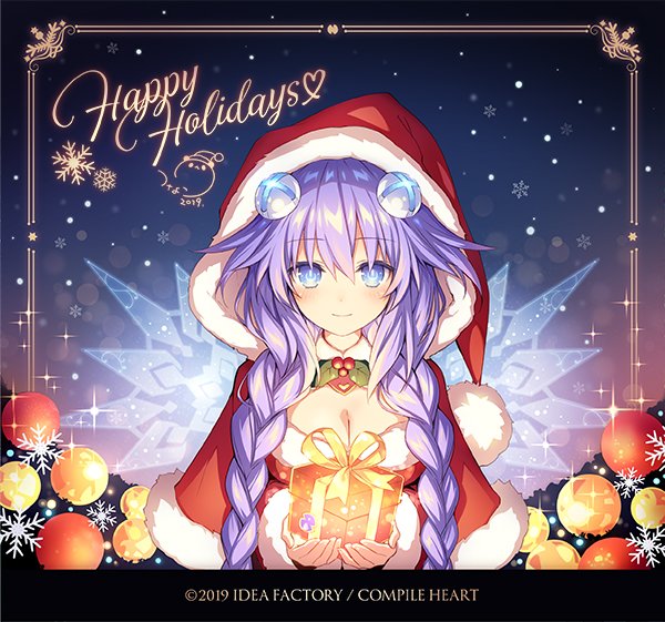 1girl blue_eyes blush braid breasts capelet christmas christmas_ornaments christmas_tree company_name dated eyebrows_visible_through_hair happy_holidays long_hair looking_at_viewer neptune_(series) official_art panties power_symbol purple_hair purple_heart smile solo symbol-shaped_pupils tsunako twin_braids underwear wings