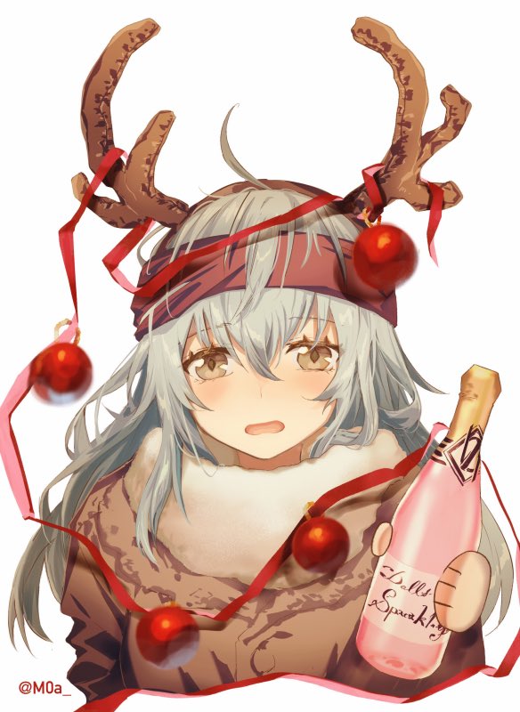 1girl ahoge antlers bangs blush bottle brown_eyes christmas_ornaments eyelashes fur_collar g11_(girls_frontline) girls_frontline grey_hair hair_between_eyes holding holding_bottle long_hair messy_hair moa_(21energy12) open_mouth ribbon scarf scarf_on_head simple_background solo twitter_username upper_body white_background