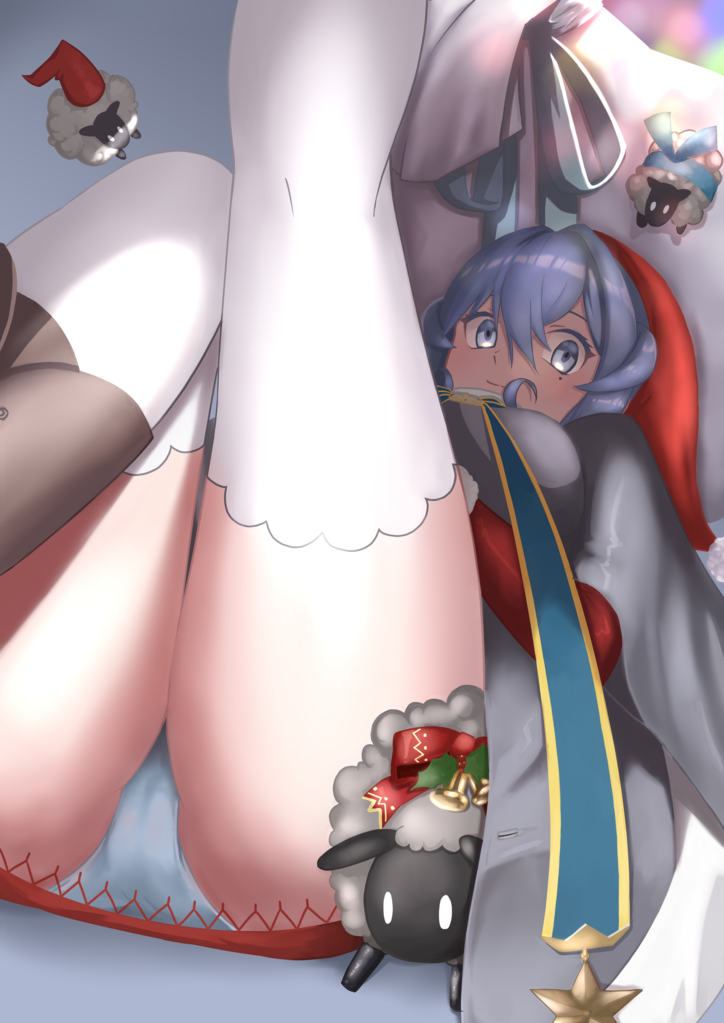 012_sasaki 1girl blue_eyes blue_hair blue_panties fur-trimmed_sleeves fur_trim gotland_(kantai_collection) grey_coat hat jacket kantai_collection legs_up long_sleeves lying mole mole_under_eye on_back panties red_headwear red_jacket sack santa_costume santa_hat sheep solo thigh-highs underwear white_legwear