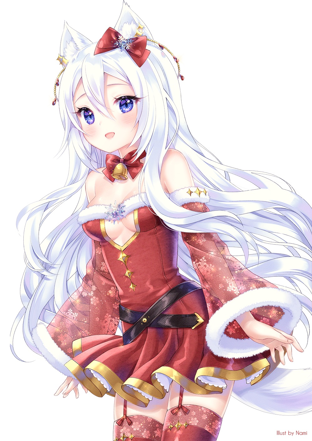 1girl :d animal_ear_fluff animal_ears bangs belt black_belt blue_eyes blush bow breasts cat_ears cat_girl cat_tail christmas detached_sleeves dress eyebrows_visible_through_hair fur-trimmed_dress fur-trimmed_sleeves fur_trim garter_straps hair_between_eyes hair_bow highres long_hair long_sleeves natsumii_chan open_mouth original red_bow red_dress red_legwear simple_background small_breasts smile snowflakes solo strapless strapless_dress tail thigh-highs very_long_hair white_background white_hair wide_sleeves
