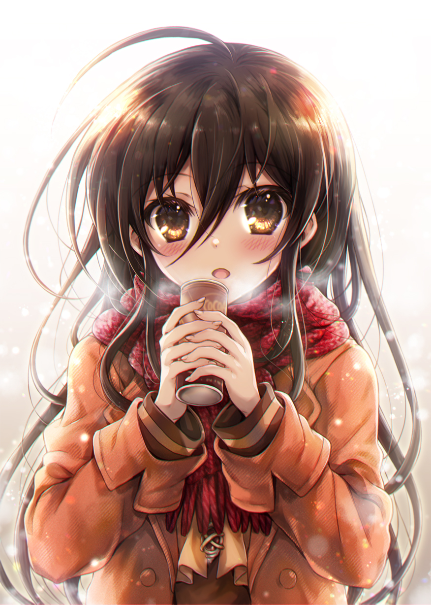 1girl ahoge bangs black_hair blush breath brown_background brown_eyes brown_jacket brown_shirt can canned_coffee commentary_request eyebrows_visible_through_hair fringe_trim gradient gradient_background hair_between_eyes highres holding holding_can jacket long_hair open_clothes open_jacket open_mouth red_scarf scarf shakugan_no_shana shana shirt solo tachitsu_teto upper_body very_long_hair white_background