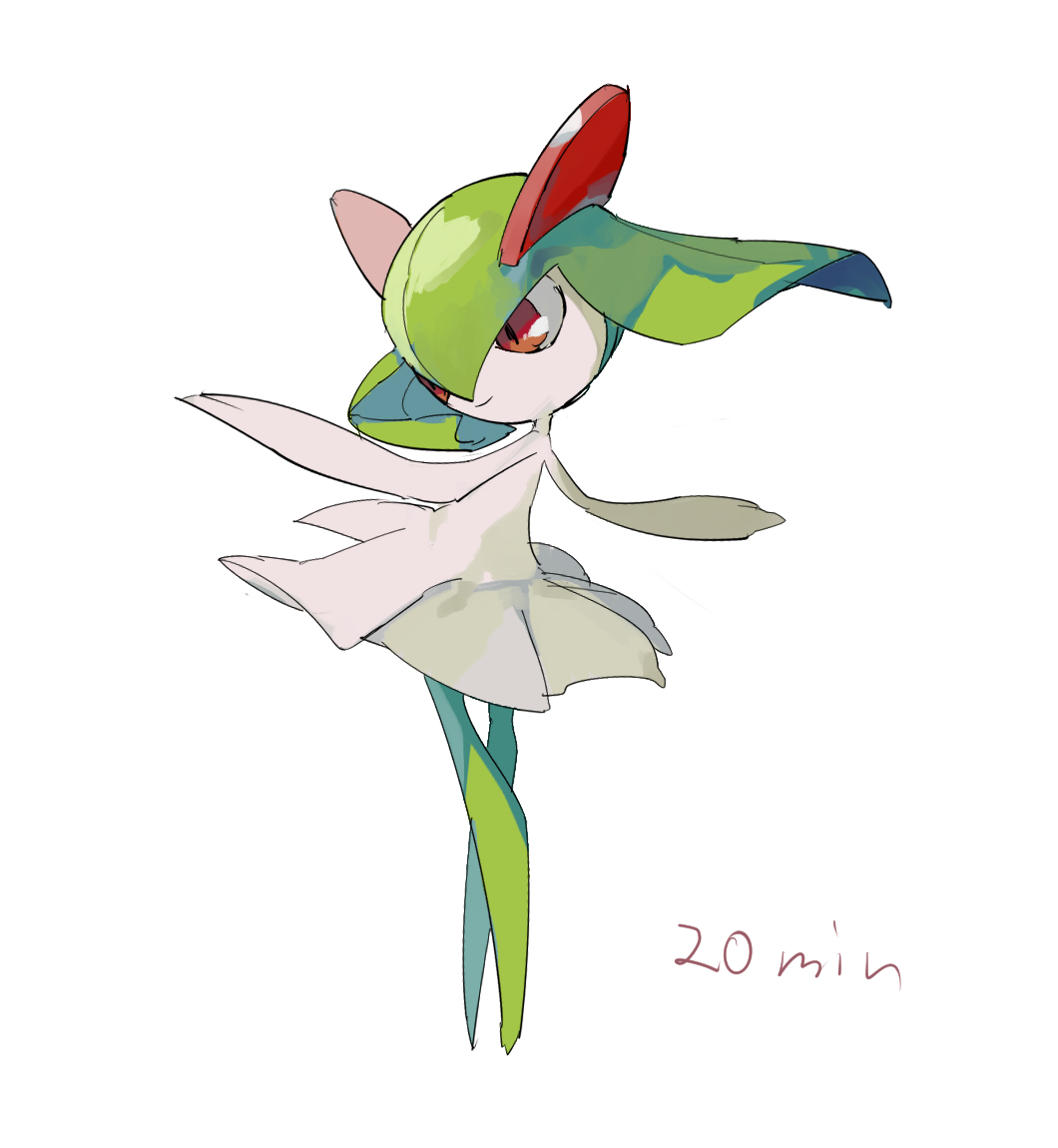 1other apios1 green_hair kirlia pokemon red_eyes sketch smile time_lapse tiptoes tutu twintails