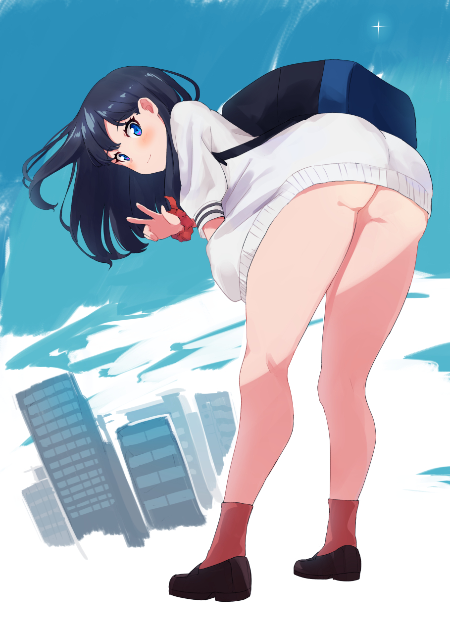 1girl arigiep ass backpack bag bangs bare_legs bent_over black_hair blue_eyes blue_sky blush bottomless cardigan commentary_request hand_in_pocket highres legs loafers long_hair long_sleeves looking_at_viewer no_panties orange_scrunchie red_legwear school_uniform scrunchie shiny shiny_hair shirt shoes sky socks solo ssss.gridman straight_hair sweater takarada_rikka thighs v white_cardigan white_shirt white_sweater wrist_scrunchie