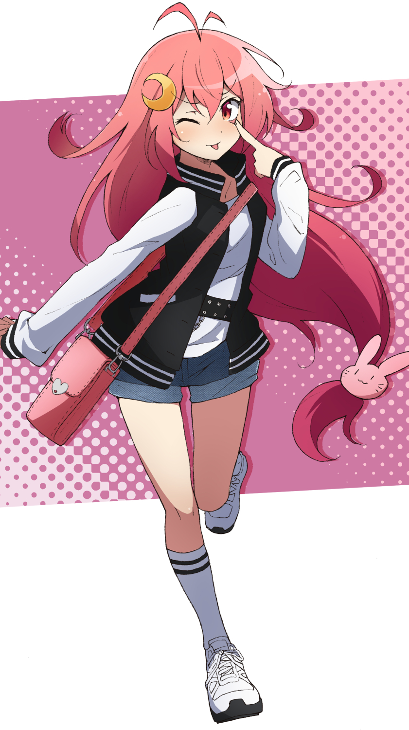 1girl :3 ;p alternate_costume antenna_hair bunny_hair_ornament casual commentary_request crescent crescent_hair_ornament full_body hair_ornament highres jacket kantai_collection letterman_jacket long_hair long_sleeves looking_at_viewer low-tied_long_hair nel-c one_eye_closed pink_background pink_hair polka_dot polka_dot_background red_eyes shoes shorts sneakers solo standing standing_on_one_leg tongue tongue_out two-tone_background uzuki_(kantai_collection) very_long_hair white_background