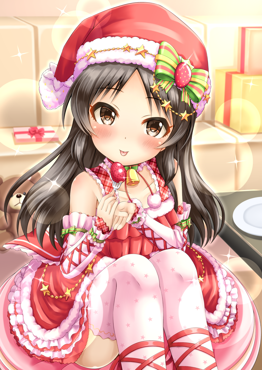 1girl bare_shoulders bell black_hair blurry blurry_background blush bow box brown_eyes closed_mouth commentary_request couch depth_of_field detached_sleeves dress feet_out_of_frame food fork fruit fur-trimmed_headphones gift gift_box green_bow hat highres holding holding_fork idolmaster idolmaster_cinderella_girls indoors long_hair long_sleeves looking_at_viewer plaid plate print_legwear red_dress red_headwear regular_mow santa_hat sitting sleeveless sleeveless_dress solo sparkle star star_print strawberry striped striped_bow stuffed_animal stuffed_toy tachibana_arisu teddy_bear thigh-highs tongue tongue_out very_long_hair white_legwear white_sleeves