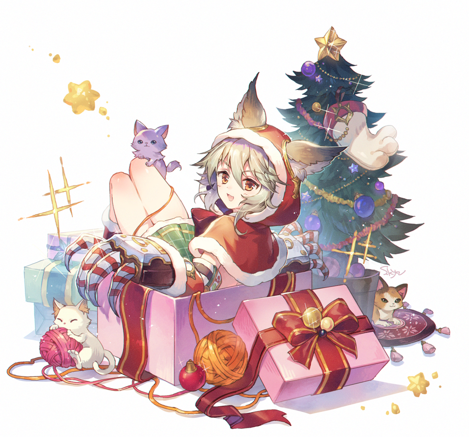 1girl :d animal_ears bangs bauble boots box capelet christmas christmas_ornaments christmas_tree claw_(weapon) detached_sleeves ears_through_headwear entangled erune fur-trimmed_boots fur-trimmed_capelet fur-trimmed_hood fur-trimmed_sleeves fur_trim gift gift_box granblue_fantasy grey_hair hair_between_eyes hood hood_up hooded_capelet in_box in_container knees_up looking_at_viewer looking_to_the_side miniskirt open_mouth plant potted_plant red_capelet red_eyes red_footwear red_hood rug sen_(granblue_fantasy) silver_hair skirt smile soriya sparkle star striped tassel tinsel weapon white_background yarn yarn_ball