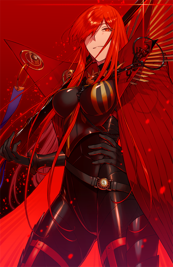 1girl armor armored_boots artist_request asymmetrical_bangs bangs belt black_gloves boots breasts cape chain collar collared_cape fate/grand_order fate_(series) gloves hair_over_one_eye hand_on_hip high_collar holding holding_sword holding_weapon katana large_breasts looking_at_viewer oda_nobunaga_(fate)_(all) oda_nobunaga_(maou_avenger)_(fate) parted_lips red_background red_cape red_eyes redhead shoes simple_background solo standing sword weapon