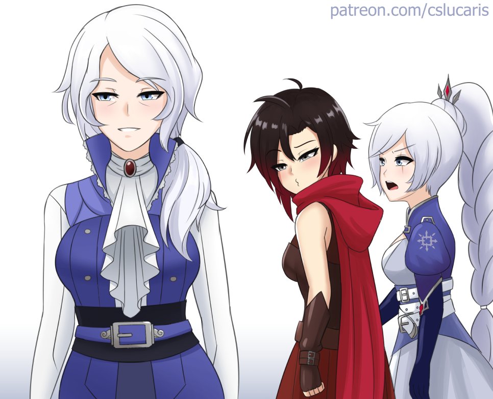 3girls ahoge alternate_costume angry blush braided_ponytail cloak cslucaris distracted_boyfriend_(meme) greaves hood hooded_cloak long_hair mature meme mother_and_daughter multiple_girls parody redhead ruby_rose rwby scar scar_across_eye weiss_schnee white_hair yuri