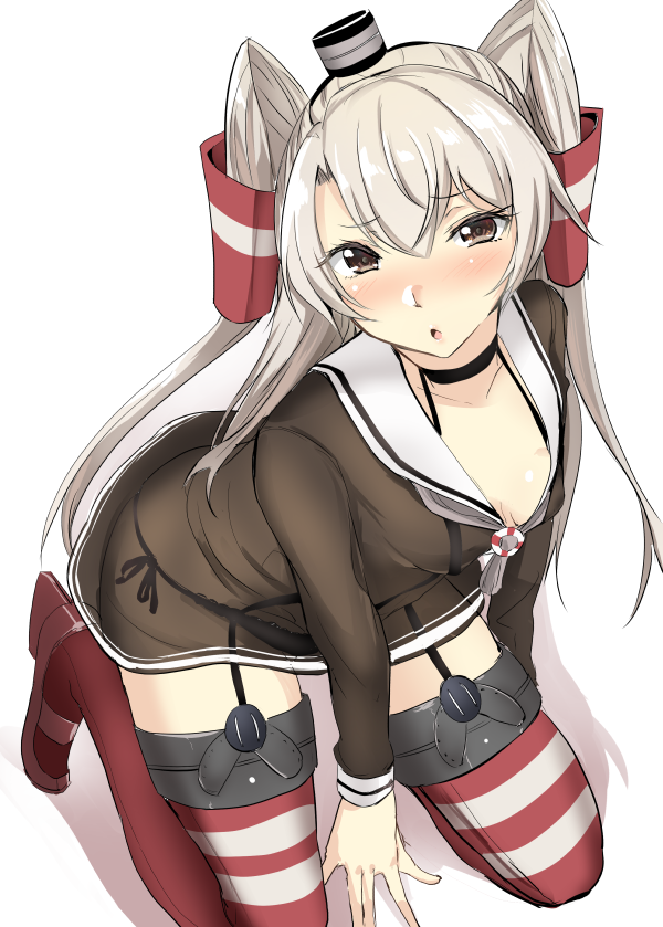 1girl amatsukaze_(kantai_collection) bangs black_panties blush breasts brown_dress brown_eyes collarbone dress eyebrows_visible_through_hair garter_straps gin'ichi_(akacia) hair_tubes kantai_collection kneeling long_hair long_sleeves looking_at_viewer panties red_legwear sailor_collar sailor_dress see-through short_dress side-tie_panties silver_hair simple_background small_breasts solo striped striped_legwear thigh-highs two_side_up underwear white_background windsock