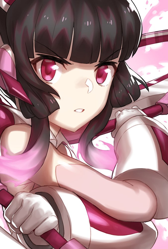 1girl black_hair chakram detached_sleeves dual_wielding gloves glowing glowing_hair holding murakami_hisashi pink_eyes portrait senki_zesshou_symphogear tsukuyomi_shirabe weapon white_gloves x-drive_(symphogear)