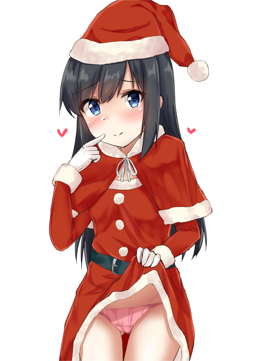1girl asashio_(kantai_collection) belt black_belt black_hair blue_eyes blush capelet commentary_request dress dress_lift eyebrows_visible_through_hair fur_trim gloves groin hair_between_eyes hat heart highres kantai_collection lifted_by_self long_hair long_sleeves panties pink_panties pom_pom_(clothes) red_capelet red_dress rokosu_(isibasi403) santa_costume santa_dress santa_hat simple_background smile solo underwear white_background white_gloves