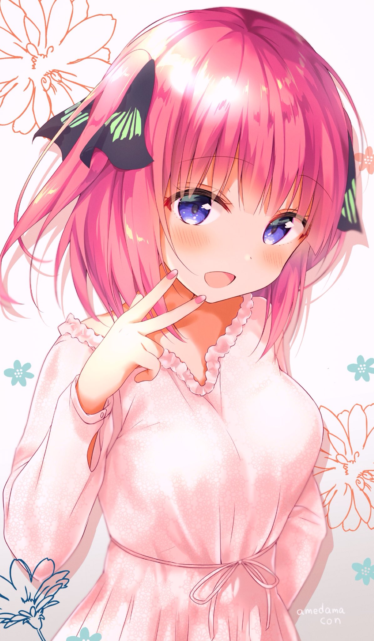 1girl :d amedamacon artist_name bangs black_ribbon blush breasts commentary_request dress eyebrows_visible_through_hair fingernails floral_background go-toubun_no_hanayome hair_ribbon hand_up highres long_sleeves medium_breasts nail_polish nakano_nino open_mouth pink_dress pink_hair pink_nails ribbon smile solo two_side_up violet_eyes w