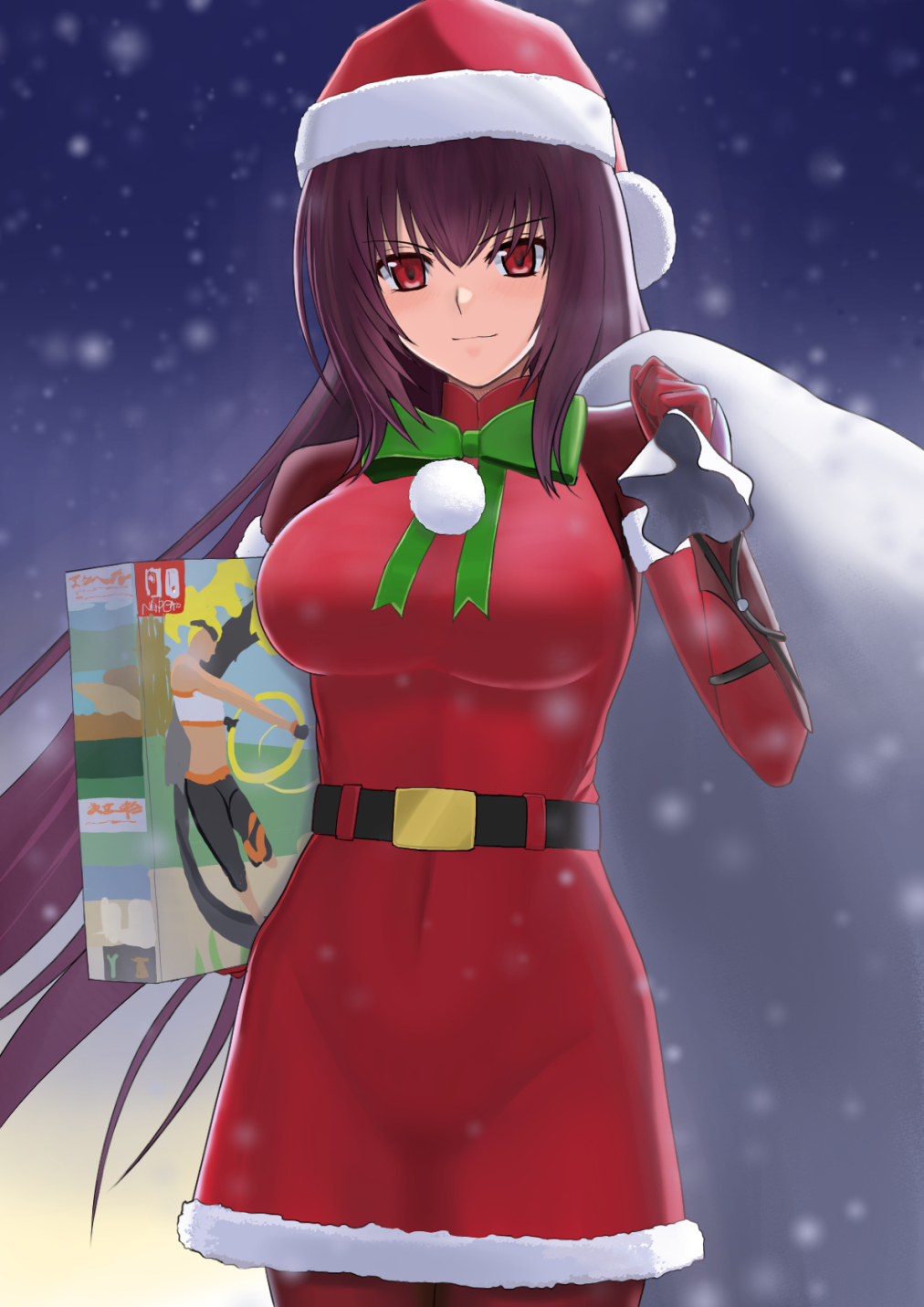 1girl breasts christmas dress fate/grand_order fate_(series) fur_trim gift gloves hat highres higofushi large_breasts long_hair looking_at_viewer night outdoors purple_hair red_dress red_eyes red_gloves ring_fit_adventure sack santa_costume santa_hat scathach_(fate)_(all) scathach_(fate/grand_order) smile snowing solo