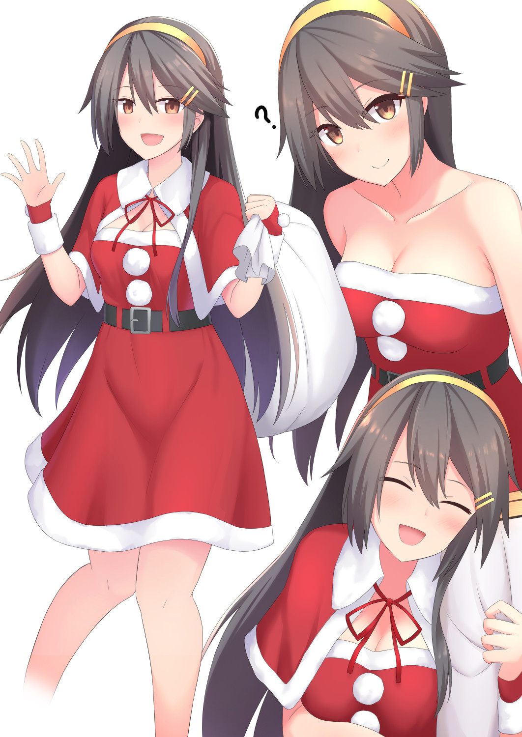 1girl admiral_(kantai_collection) akahi242 alternate_costume belt black_belt black_hair blush breasts closed_mouth dress epaulettes eyebrows_visible_through_hair fur-trimmed_dress hair_ornament hairclip haruna_(kantai_collection) headband highres kantai_collection large_breasts long_hair looking_at_viewer military military_uniform multiple_views naval_uniform open_mouth red_dress red_shawl santa_costume santa_dress simple_background smile uniform white_background