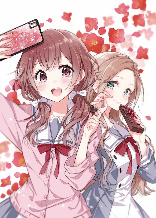 2girls aqua_eyes bangs bow brown_eyes brown_hair candy cellphone chocolate chocolate_heart claw_pose commentary_request copyright_request double-breasted dress floral_background flower food hair_bow heart holding holding_chocolate holding_phone long_hair long_sleeves looking_at_viewer multiple_girls neck_ribbon no_bangs parted_hair phone pink_cardigan red_flower red_neckwear ribbon sailor_dress self_shot smartphone twintails upper_body white_bow yukiko_(tesseract)