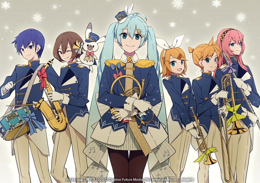 1other 2boys 4girls aqua_eyes aqua_hair band_uniform bangs beamed_sixteenth_notes black_legwear blonde_hair blue_eyes blue_hair blue_jacket bow brown_eyes brown_hair closed_mouth commentary_request crypton_future_media drum drumsticks eighth_note epaulettes feet_out_of_frame flute french_horn gloves gold_trim hair_bow hair_ornament hairband hairclip hat_feather hatsune_miku holding holding_drumsticks holding_instrument horn_(instrument) instrument jacket japanese_clothes kagamine_len kagamine_rin kaito long_hair looking_at_viewer megurine_luka miko multiple_boys multiple_girls musical_note official_art one_eye_closed open_mouth pants pantyhose piapro pink_hair pleated_skirt rabbit_yukine saxophone short_hair short_ponytail skirt smile snowflakes snowing sohin spiky_hair standing swept_bangs tassel trombone trumpet twintails very_long_hair vocaloid white_bow white_gloves white_pants white_skirt yuki_kaito yuki_len yuki_luka yuki_meiko yuki_miku yuki_miku_(2020) yuki_rin