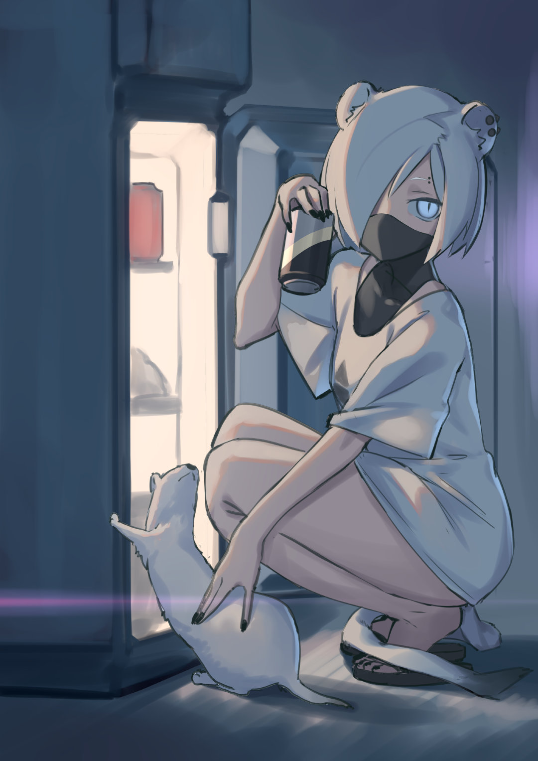 1girl animal_ears arknights blue_eyes breasts eyebrow_piercing face_mask from_side hair_over_one_eye highres indoors looking_at_viewer maao_you_you mask nail_polish piercing refrigerator short_hair slit_pupils small_breasts solo squatting tail toenail_polish weasel white_hair