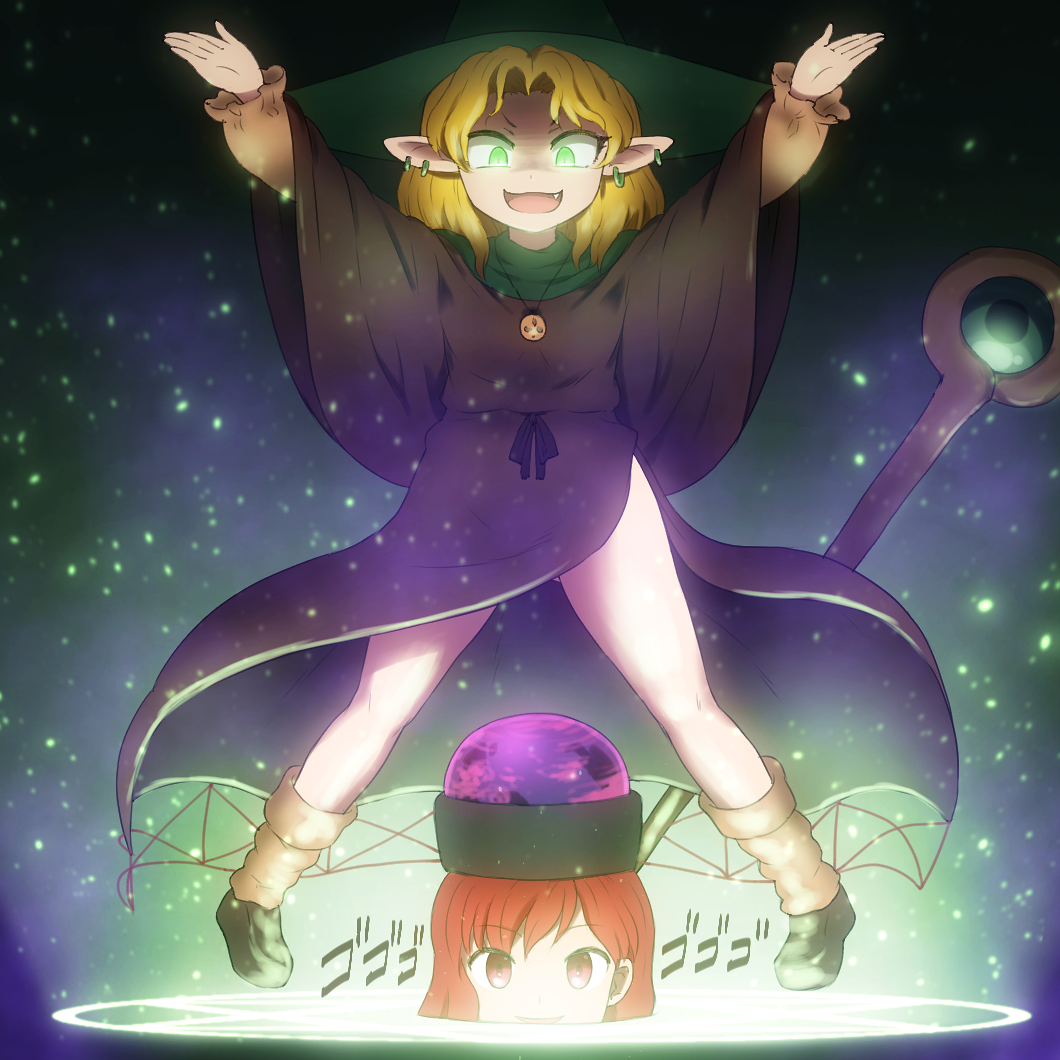 2girls :d arms_up bare_legs black_cloak black_footwear blonde_hair brown_legwear cloak commentary_request earrings fang glowing glowing_eyes green_eyes green_headwear hat hecatia_lapislazuli jewelry light_particles long_sleeves looking_at_viewer magic_circle mizuhashi_parsee multiple_girls open_mouth pendant pointy_ears polos_crown red_eyes redhead shirosato shoes short_hair side_slit smile socks staff thighs touhou witch_hat