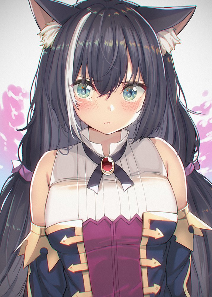 1girl animal_ear_fluff animal_ears bangs bare_shoulders black_hair blue_eyes blush breasts cat_ears cat_girl closed_mouth detached_sleeves eyebrows_visible_through_hair frown hair_between_eyes hair_ribbon haruken jacket kyaru_(princess_connect) long_hair looking_at_viewer low_twintails medium_breasts multicolored_hair princess_connect! princess_connect!_re:dive ribbon solo streaked_hair twintails upper_body white_hair