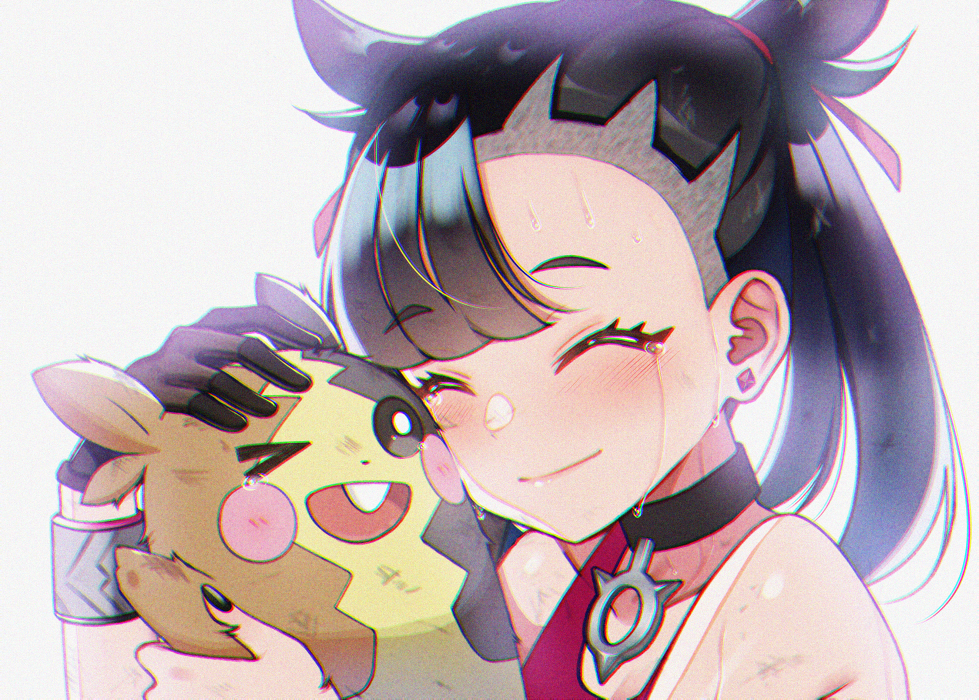 &gt;_o 1girl ^_^ asymmetrical_bangs bangs bare_shoulders black_hair black_nails blush brown_gloves closed_eyes closed_mouth commentary_request crying dirty earrings eyebrows_visible_through_hair gen_8_pokemon gloves grey_background hair_ribbon hands_up jewelry long_hair mary_(pokemon) minatoasu morpeko nail_polish one_eye_closed pokemon pokemon_(creature) pokemon_(game) pokemon_swsh red_ribbon ribbon simple_background single_glove smile stud_earrings tears twintails upper_body